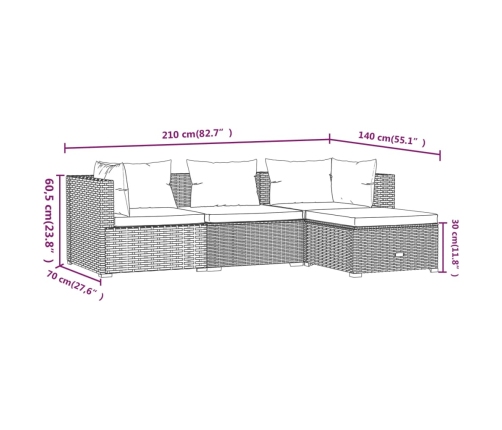Set de muebles de jardín 4 pzas y cojines ratán sintético negro