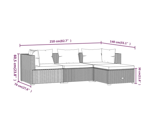 Set muebles de jardín 4 piezas y cojines ratán sintético marrón