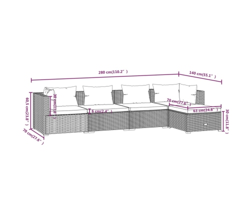 Set de muebles de jardín 5 pzas y cojines ratán sintético negro