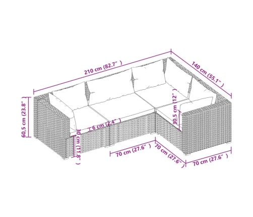 Set muebles de jardín 4 piezas y cojines ratán sintético marrón
