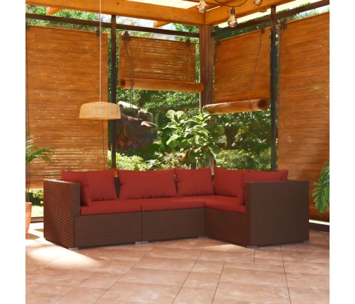 Set muebles de jardín 4 piezas y cojines ratán sintético marrón