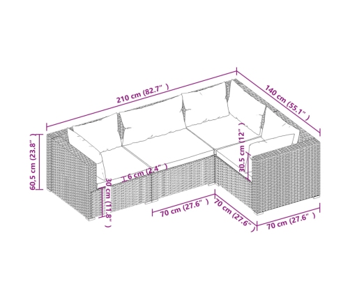 Set muebles de jardín 4 piezas y cojines ratán sintético gris