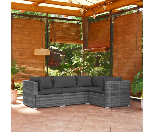 Set muebles de jardín 4 piezas y cojines ratán sintético gris