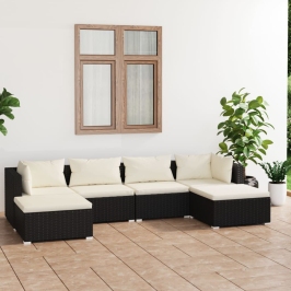 Set de muebles de jardín 6 pzas y cojines ratán sintético negro