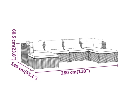 Set muebles de jardín 6 piezas y cojines ratán sintético marrón