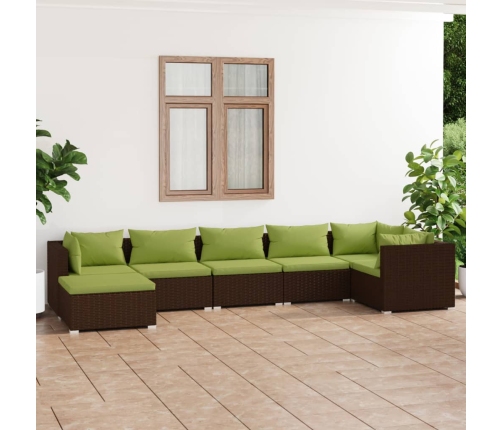 Set muebles de jardín 7 piezas y cojines ratán sintético marrón