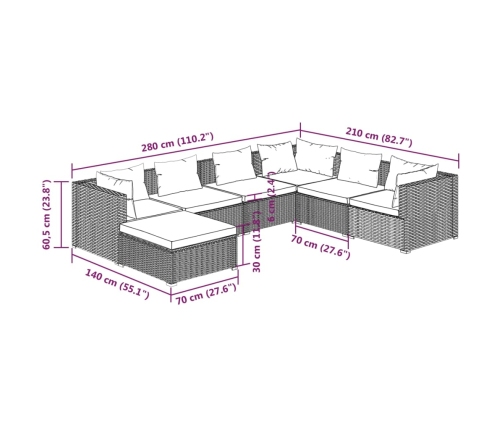 Set muebles de jardín 7 piezas y cojines ratán sintético marrón
