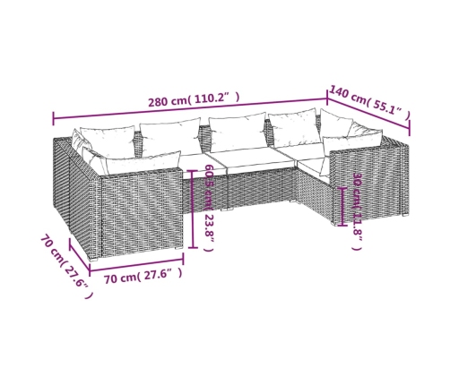 Set muebles de jardín 6 piezas y cojines ratán sintético marrón