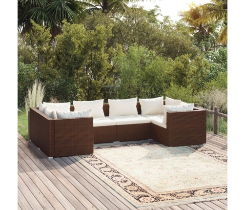 Set muebles de jardín 6 piezas y cojines ratán sintético marrón