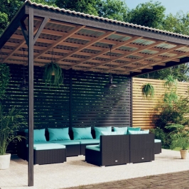 Set de muebles de jardín 9 pzas y cojines ratán sintético negro