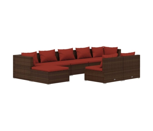 Set muebles de jardín 9 piezas y cojines ratán sintético marrón