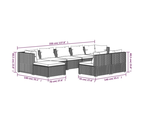 Set muebles de jardín 9 piezas y cojines ratán sintético marrón