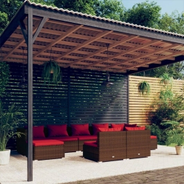Set muebles de jardín 9 piezas y cojines ratán sintético marrón