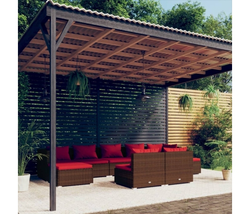 Set muebles de jardín 9 piezas y cojines ratán sintético marrón