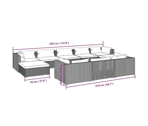 Set de muebles de jardín 10 pzas cojines ratán sintético negro