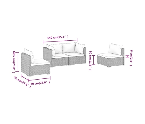 Set muebles de jardín 4 piezas y cojines ratán sintético marrón