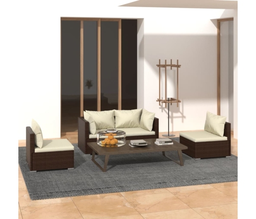 Set muebles de jardín 4 piezas y cojines ratán sintético marrón