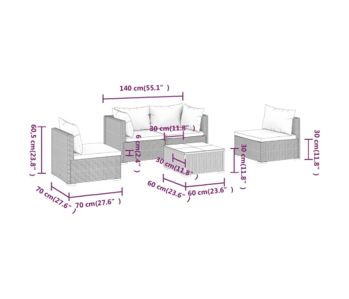 Set muebles de jardín 5 piezas y cojines ratán sintético marrón