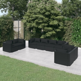 Set de muebles de jardín 8 pzas y cojines ratán sintético negro