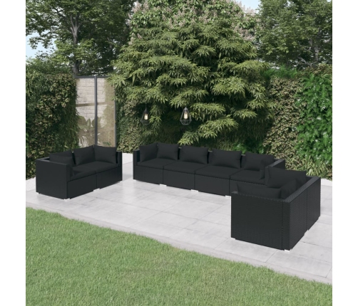 Set de muebles de jardín 8 pzas y cojines ratán sintético negro