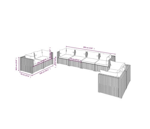 Set muebles de jardín 8 piezas y cojines ratán sintético marrón