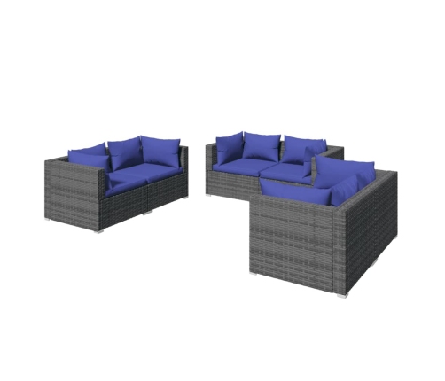 Set de sofás de jardín 6 piezas y cojines ratán sintético gris
