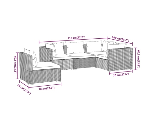 Set de muebles de jardín 5 pzas y cojines ratán sintético negro