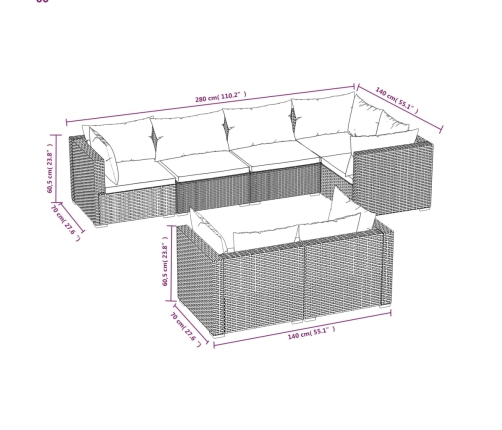 Set muebles de jardín 7 piezas y cojines ratán sintético marrón