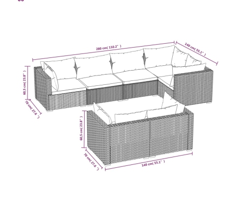 Set muebles de jardín 7 piezas y cojines ratán sintético marrón