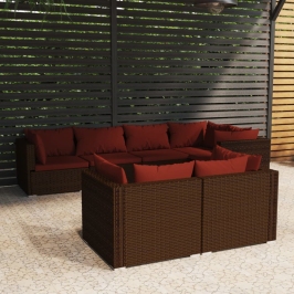 Set muebles de jardín 7 piezas y cojines ratán sintético marrón