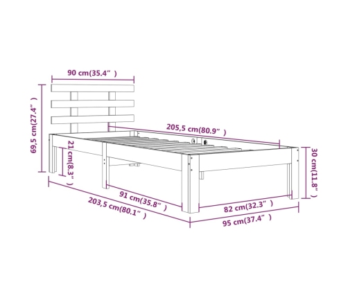 Estructura de cama sin colchón madera maciza 90x200 cm