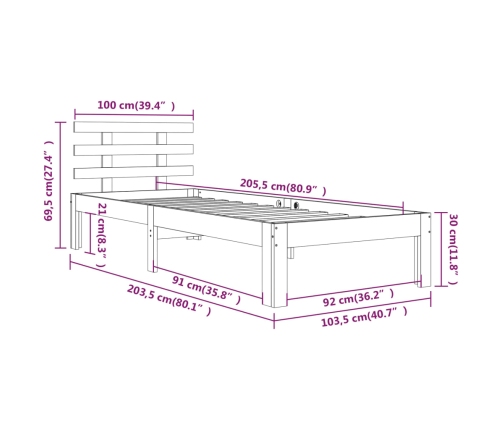 Estructura de cama sin colchón madera maciza 100x200 cm