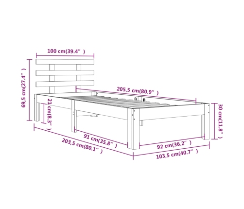 Estructura cama sin colchón madera maciza marrón miel 100x200cm