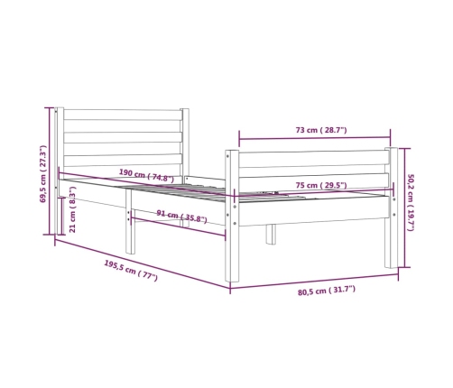 Estructura cama individual sin colchón madera maciza 75x190 cm