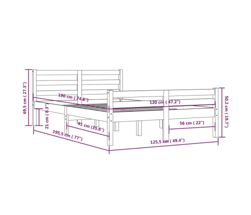 Estructura de cama doble sin colchón madera maciza 120x190 cm