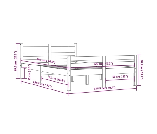 vidaXL Estructura de cama doble pequeña madera maciza blanca 120x190cm