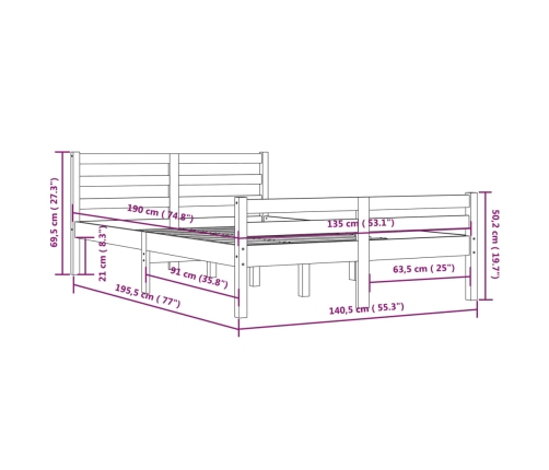 Estructura cama doble sin colchón madera maciza negro 135x190cm