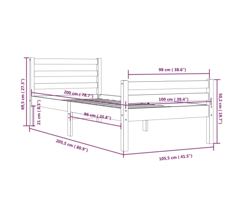 Estructura de cama sin colchón madera maciza 100x200 cm