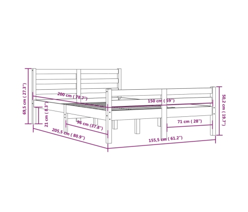 Estructura de cama doble sin colchón madera maciza 150x200 cm