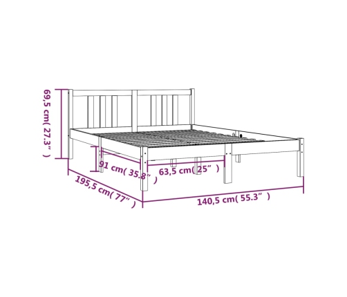 Estructura cama doble sin colchón madera maciza gris 135x190 cm