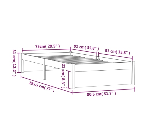 Estructura cama individual sin colchón madera maciza 75x190 cm