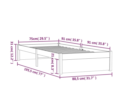 Estructura de cama sin colchón madera maciza blanco 75x190 cm