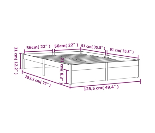 Estructura de cama doble sin colchón madera maciza 120x190 cm