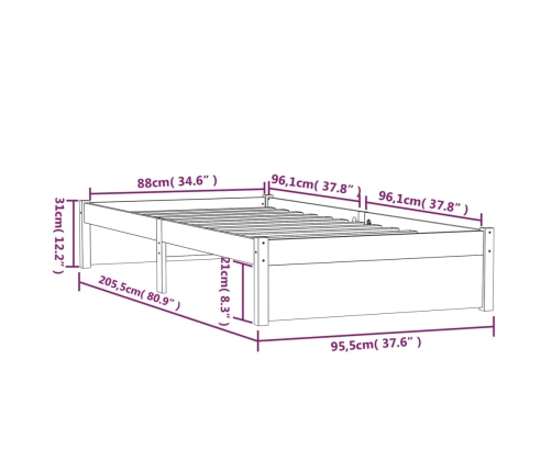 Estructura de cama sin colchón madera maciza 90x200 cm