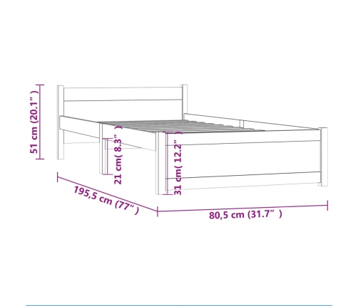 vidaXL Estructura de cama madera maciza 75x190 cm