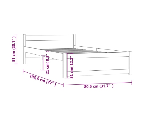 Estructura cama sin colchón madera maciza marrón miel 75x190 cm