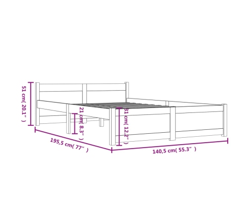 Estructura de cama doble sin colchón madera maciza 135x190 cm