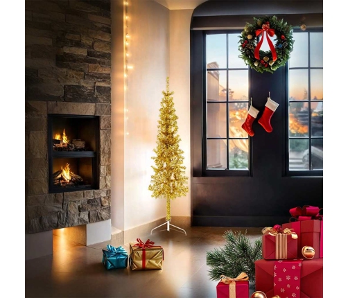 Medio árbol de Navidad artificial con soporte dorado 150 cm