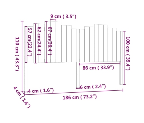 vidaXL Cabecero de cama madera maciza de pino 186x4x110 cm