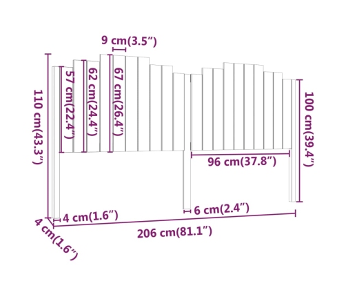 Cabecero de cama madera maciza de pino marrón miel 206x4x110 cm